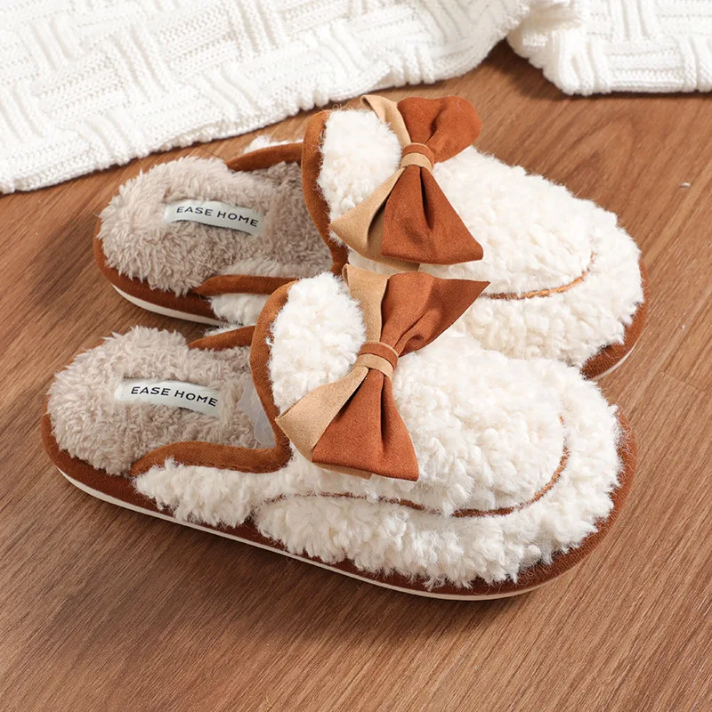 Bowknot Cotton Slippers Female Autumn And Winter Home Indoor non-Slip Cute Plush Couple Home Warm Soft Bottom Non-Slip Slippers