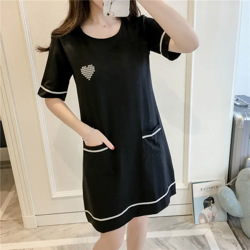Summer Cotton Simple Fashion Short Sleeve Nightgown with Bra Short Skirt Loose Nightdress Women's Bra Free Nightwear Home Wear