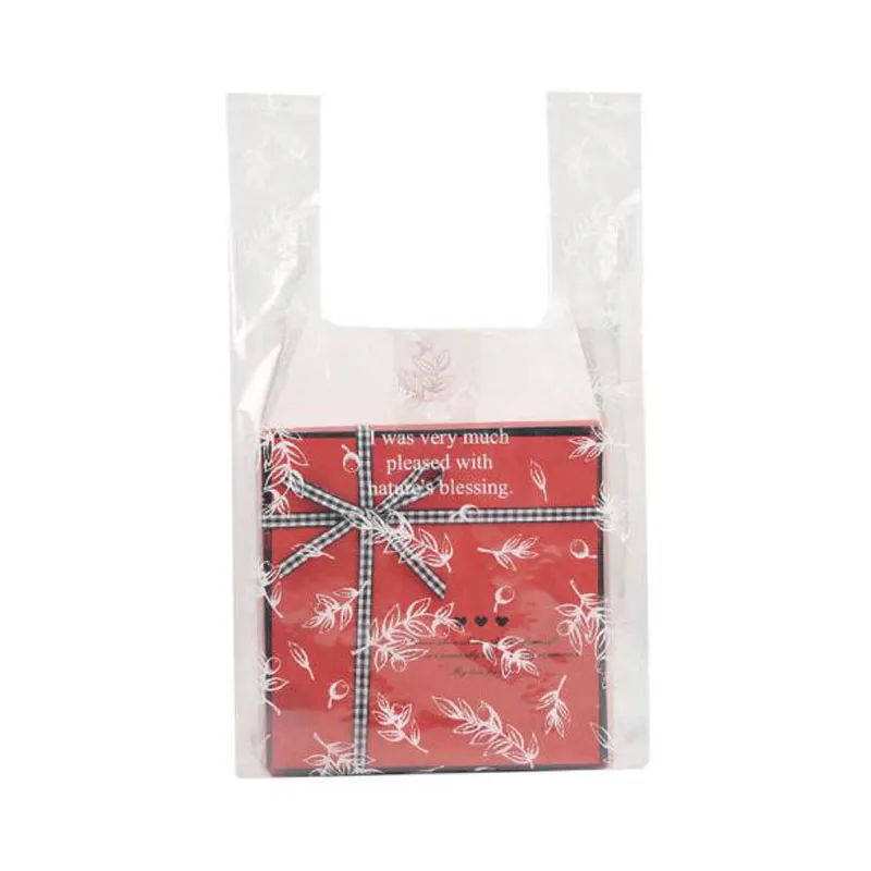 

50pcs White Leaf Character Plastic Bag With Handle For Candy Cake Salad Food Packaging Carry Bag Vest Bag