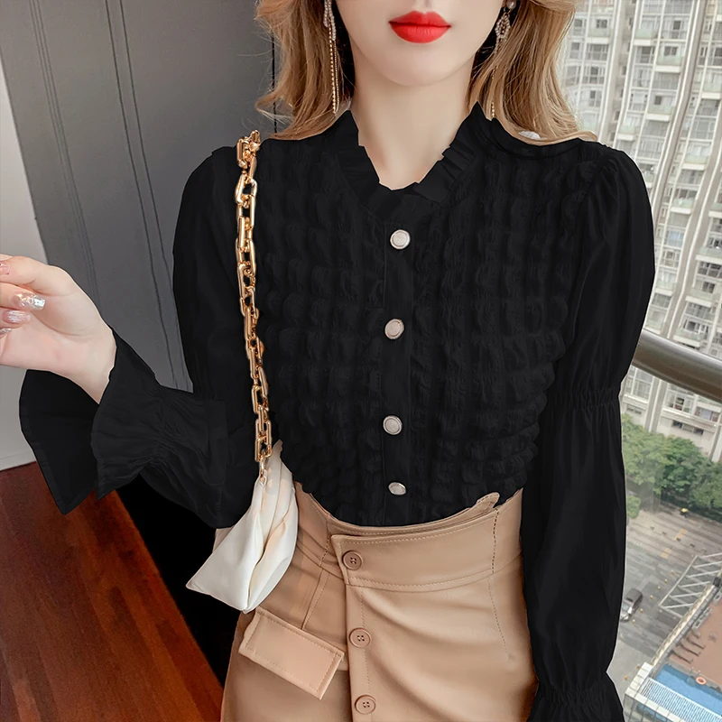 

Autumn New Women's Blouses Lotus Leaf Collar Shirt Long Sleeve Tops Chiffon Blouse Girl Folds Casual Fashion Slim