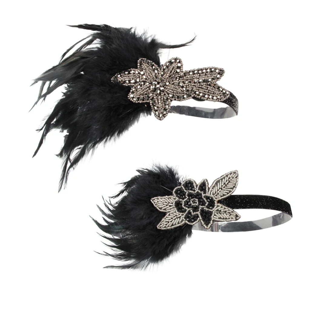 Женская винтажная повязка на голову с перьями черная аппликацией 20s поворотом 1920s