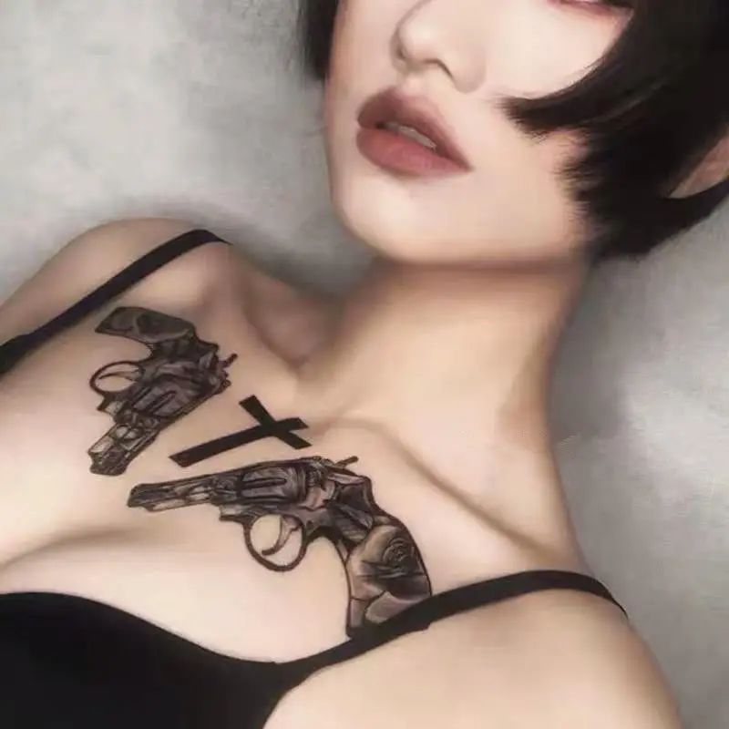 

2021 Dark Style Gun Sexy Chest Temporary Tattoo Stickers Star Cross Full Body Waterproof Art Deco Men and Women Tattoo Stickers