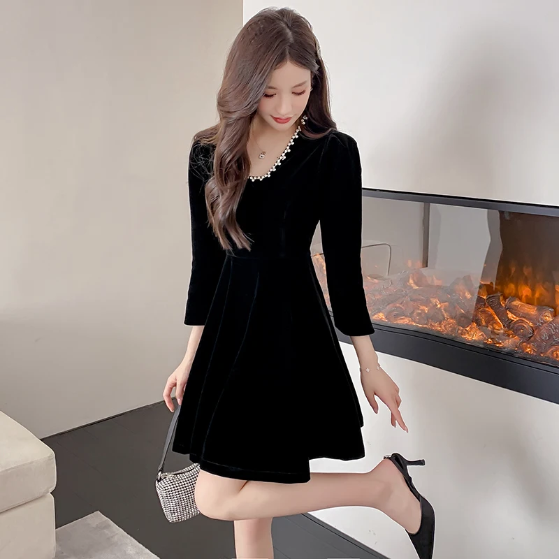 

COIGARSAM Women One Piece Korea Casual Dress 2021 New Long Sleeve Square Collar Black Dresses Traf Robe Vestidos
