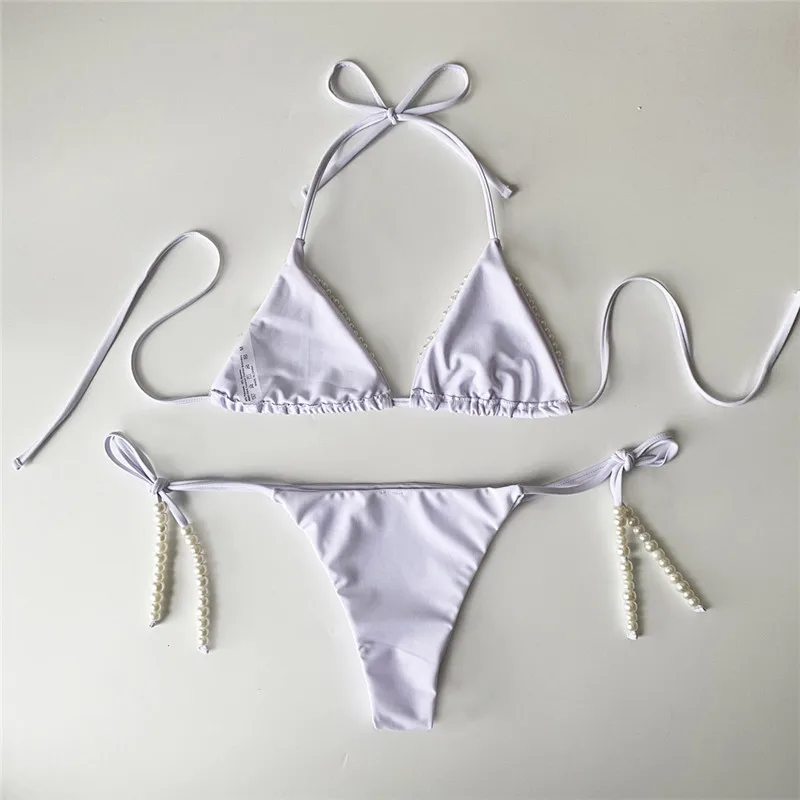 

sexy bikini swimsuit women biquini swimwear women swimm suit bikinis Solid color pearl String Sling Triangle Fun Thong Beach spa