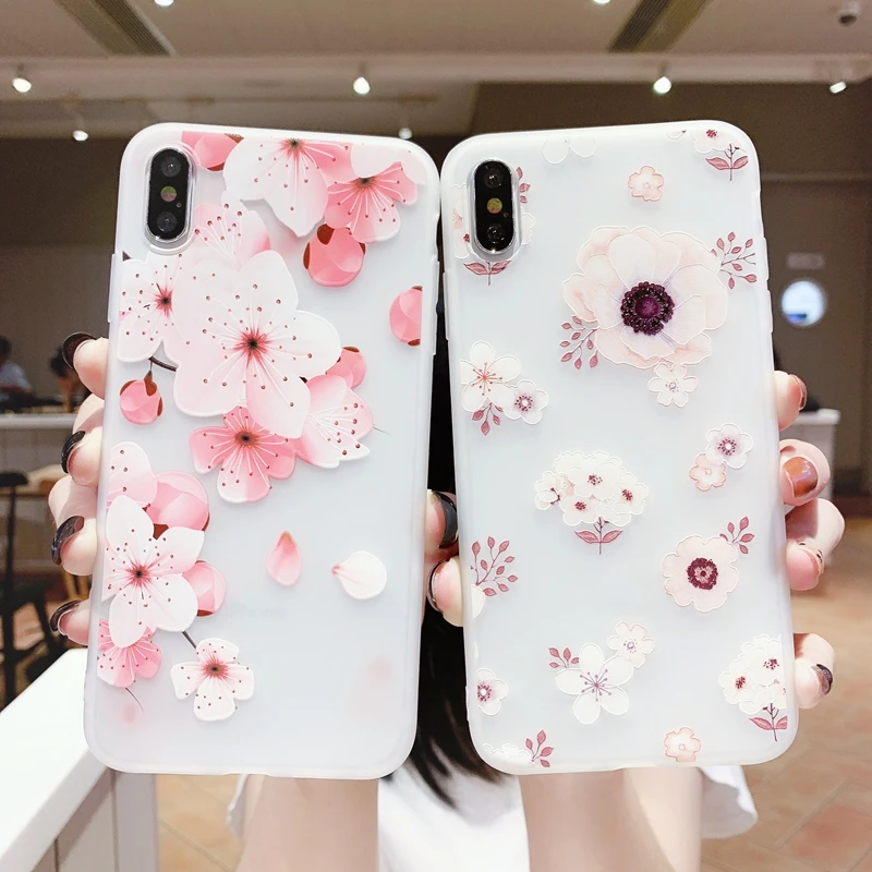 Для iPhone 6 6s 7 8 Plus 10 11 Pro X XS XR Max 3D Цветочный рельефный Матовый Прозрачный мягкий
