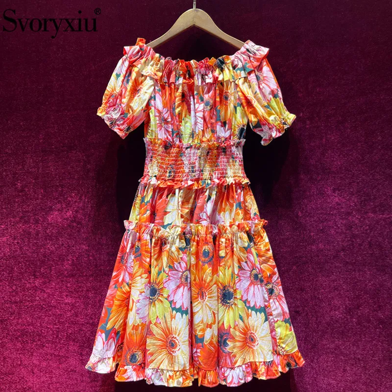 

Svoryxiu Runway High-End Summer Cotton Sunflower Print Mini Dress Women's Sexy Off Shoulde Short Sleeve Elastic Waist Dresses