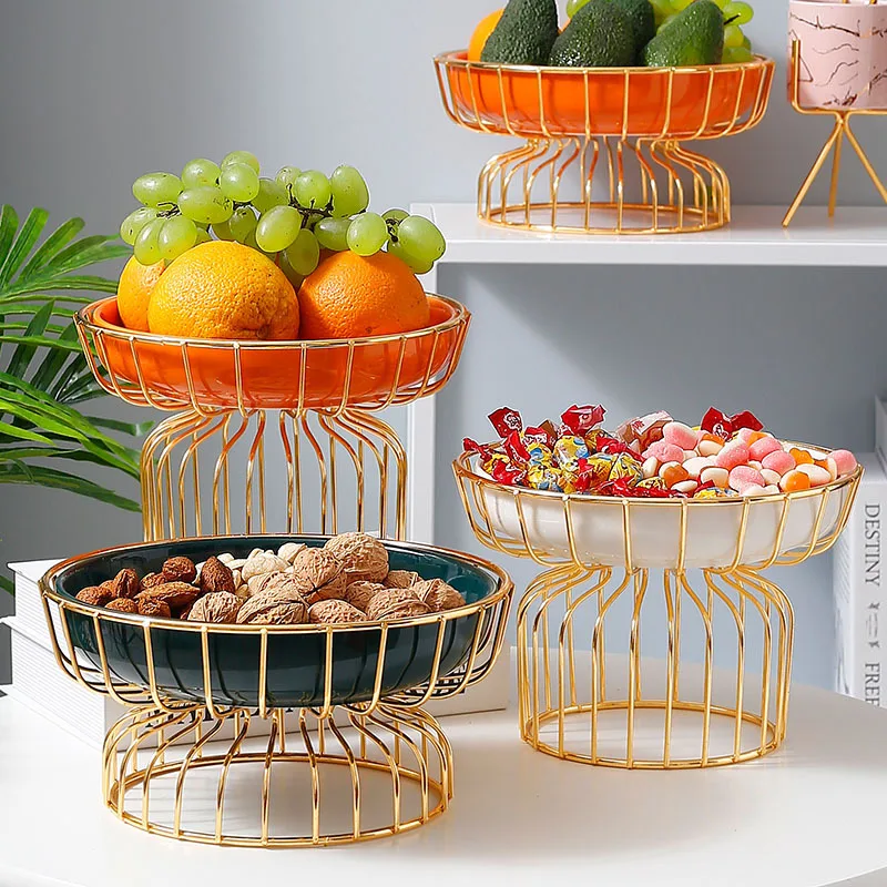 

Ceramic iron fruit plate Nordic luxury gold wrought iron ceramic snack plate cosmetic storage plate