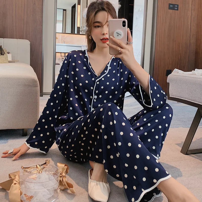

Women Long Sleeve Pajamas Set Casual Loose Sleepwear Silky Satin Nightwear Spring Summer Turn-Down Collar 2PCS Shirt&Pant