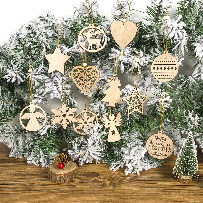 

12PCS/Box Vintage Wooden Hollow Christmas Tree Snowflake Pendants Ornaments Party Ornaments Hanging Gifts Christmas Decoration