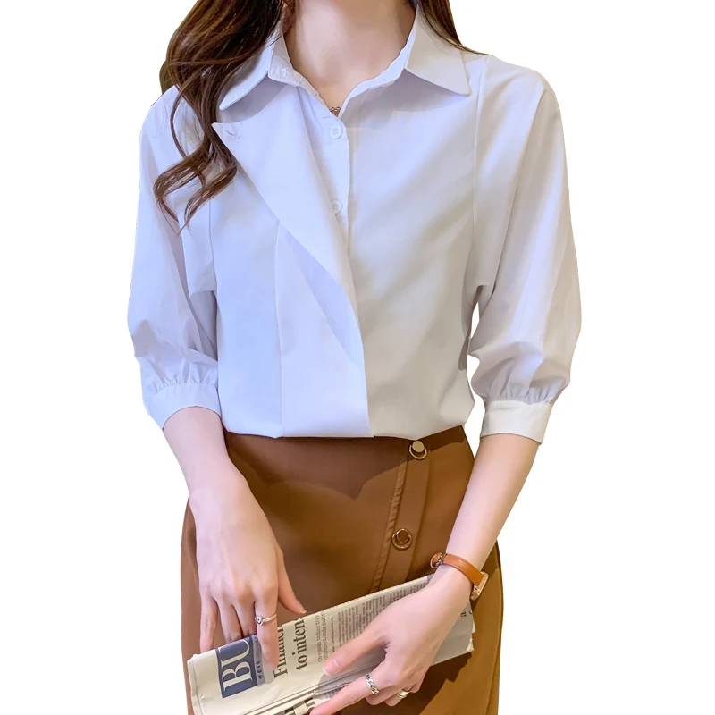 

COIGARSAM Office Lady Short Sleeve Shirt Womens tops Summer Women shirts White 8158