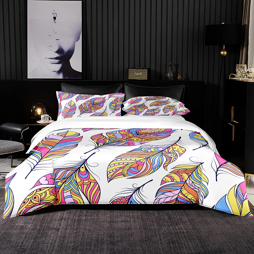 

Vintage Style Bedding Set Queen King Size Colorful Feather Pattern Duvet Cover Hot Sale 3D Print Set with Pillowcase
