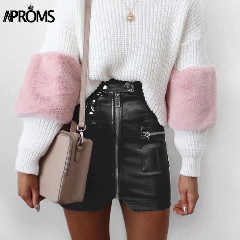 Aproms розовая юбка-карандаш из искусственной кожи для женщин, Осень-зима, Короткие мини юбки для женщин, сексуальная уличная одежда, юбка на молнии спереди