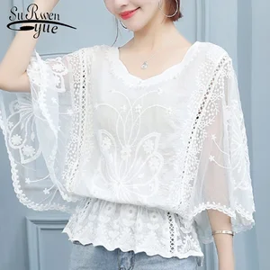 Блузка женская кружевная с рукавом летучая мышь, размера плюс рубашка, Белый Топ, 2021, лето 4478