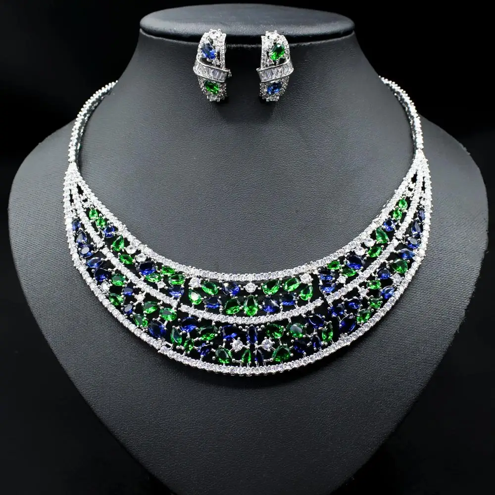 

2020 New fashion retro RED GREEN CZ zircon necklace earring jewelry set wedding bridel banquet party dinner dressing jewelry