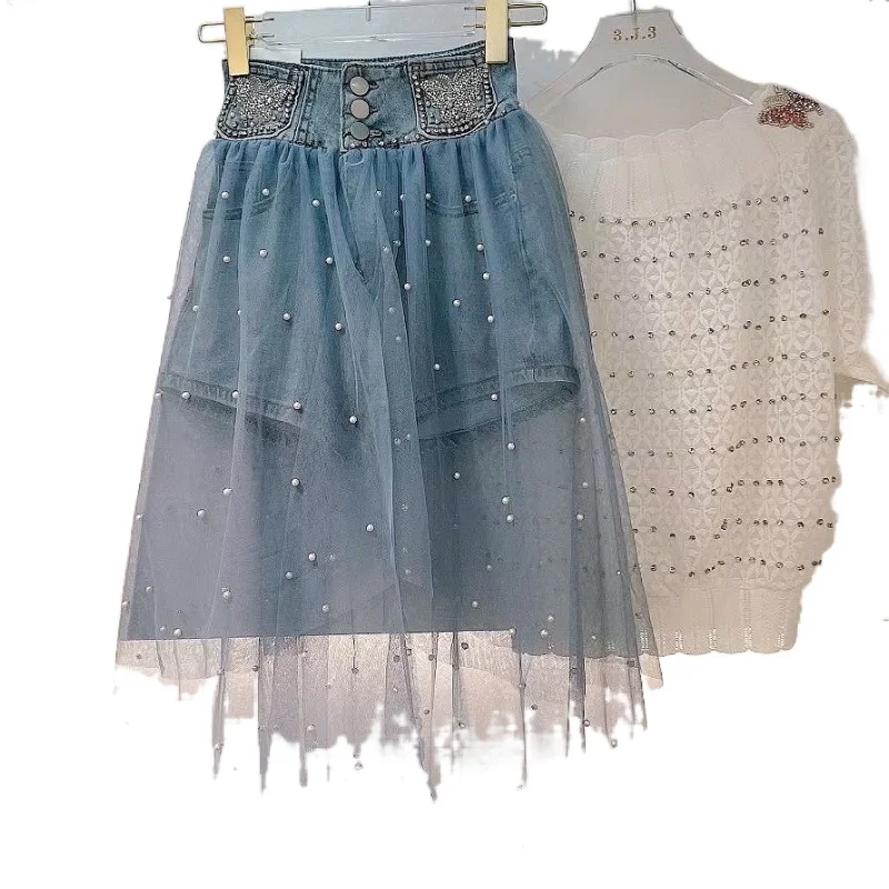 

Women Fashion High Waist Denim Skirt Shorts 2021 Slimming Patchwork Mesh Shorts Women's Clothing Female Short Jeans Pants