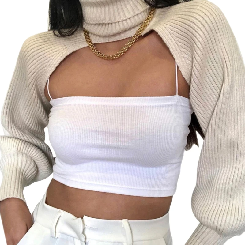 

Women Lantern Long Sleeve Sweater Sexy Hollow Out Turtleneck Solid Color Crop Top Ribbed Knitted Loose Pullover Shrug Cover Up