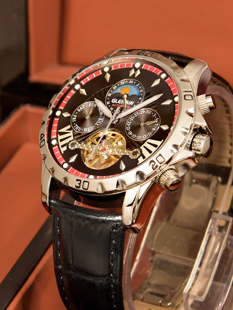 Original men fully automatic mechanical watches Tourbillon famous brand fashion skeleton large dial moon phase man Wrist Watch