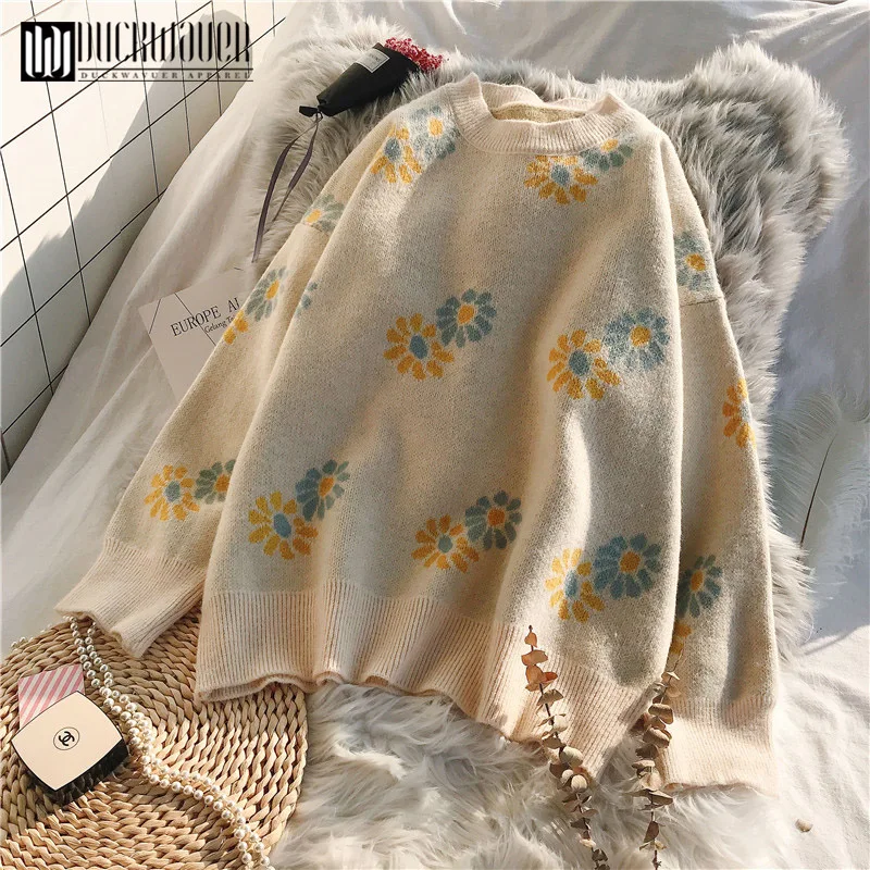 Женский трикотажный свитер Duckwaver Свободный пуловер с длинными рукавами и милым