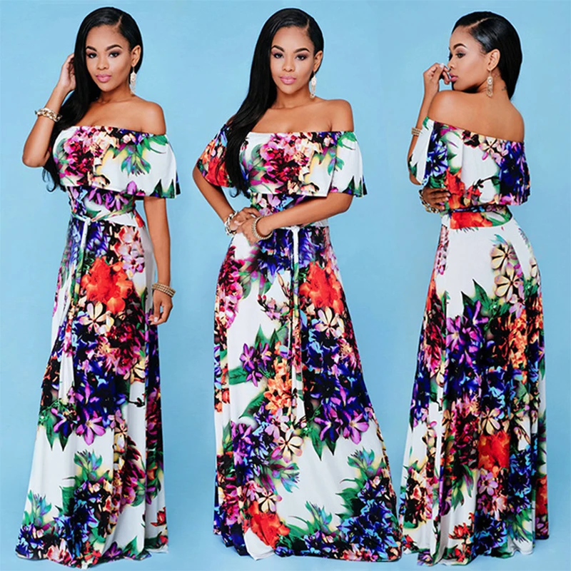 

2021 Strapless Dress Short Sleeve Elegant Backless Flower Print Sexy Evening Gown Black Long