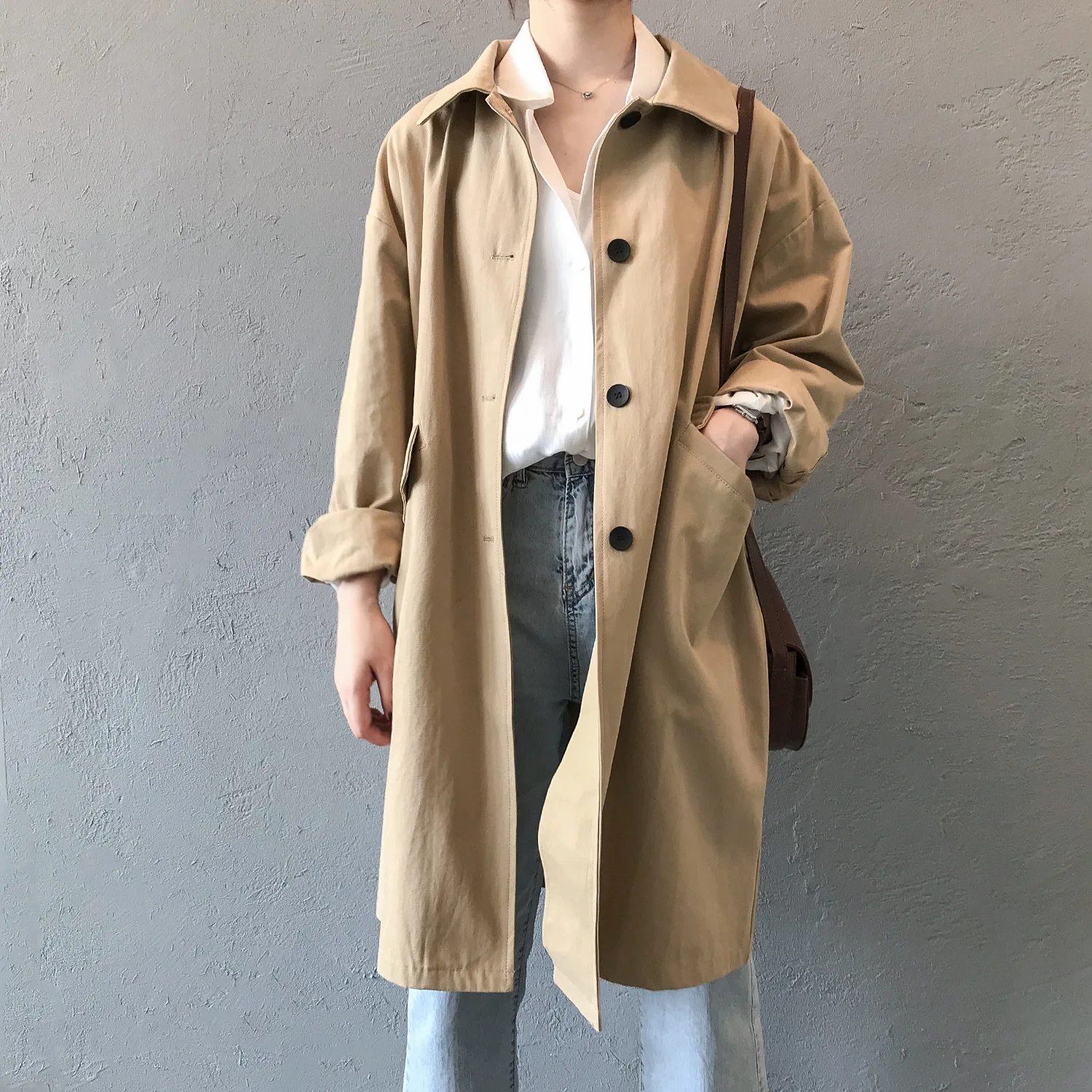 

2021 Autumn Women Cotton Trench Coat Loose Turn Down Collar Women Clothes Long Coat Casaco Feminino Abrigo Mujer Trench Femme
