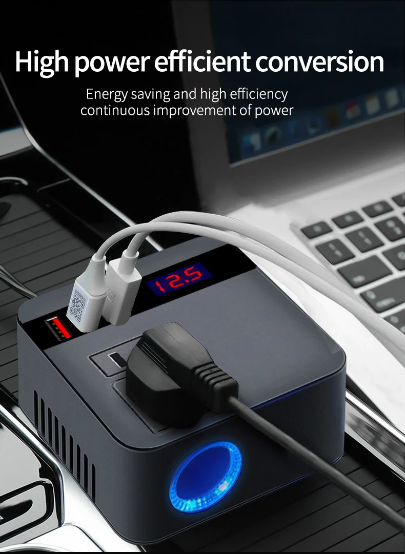 

Car Inverter 150W 12V/24V To 110V/220V Cigarette Lighter Power Supply Inverter Adapter with QC 3.0 USB Charger Fast Charging