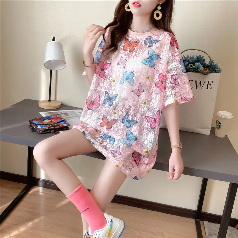 

Short sleeve T-shirt female summer Korean wind loose medium and long large lace Joker half sleeve clothes ins tide