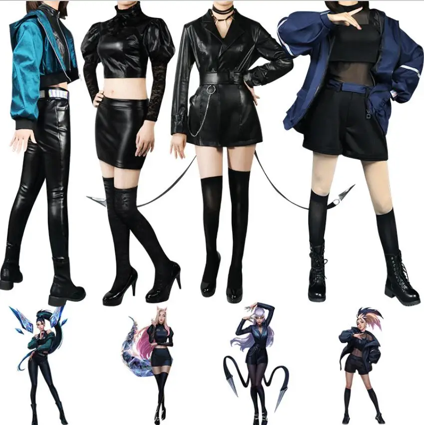 

2022 Game LOL Cosplay KDA K/DA Ahri Costume Akali Kaisa Evelynn Sexy PU Leather Dacing Uniform Gothic Black Full set Cos