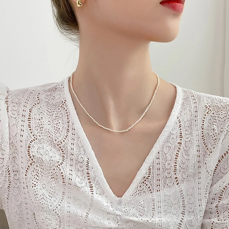 3-5mm Natural Freshwater Pearl Chokers Necklace 925 Sterling Silver Fine Jewelry for Women 2021 Gift New Fashion NK120