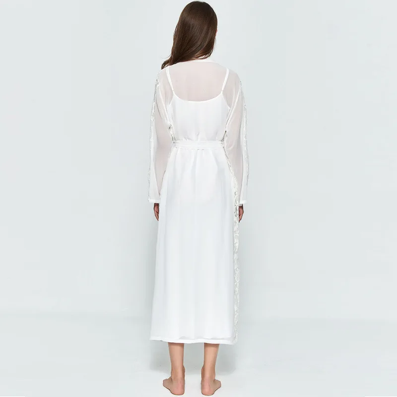 

Sexy Long 2PCS Suspender Nightdress Suit Twinset Robe Set Nightgown Female Satin Bathrobe Rayon White Wedding Kimono Gown