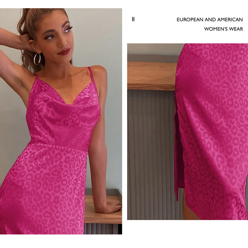 

AOSHAYA Satin Leopard Print Split Summer Dress 2021 Sleeveless Backless Dresses For Women Fashion Elegant Sexy Party Vestidos