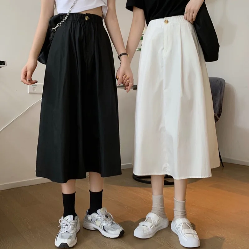 

Japan Style Women's Skirt Autumn Winter Casual Elastic Waist A-Line Pleated Skirt Black White Work Skirt Elegant Long Skirts