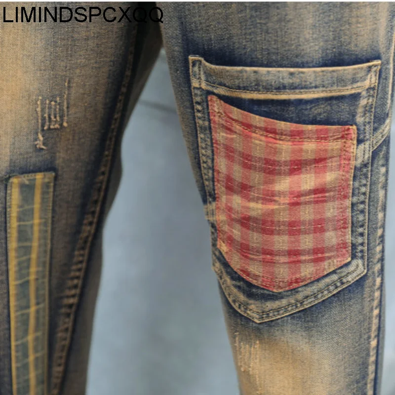 

Ladies Punk Denim Trousers Autumn Fashion European Style Womens Elastic Jeans Patchwork Vintage Ripped Harem Pants Hosen Damen