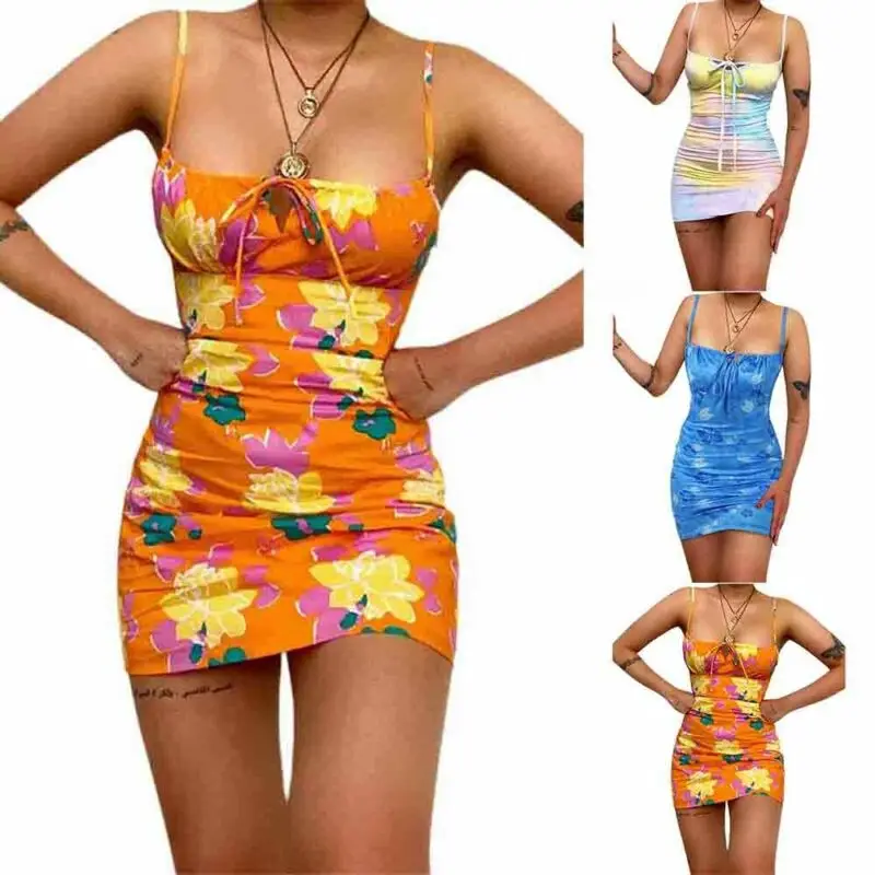 

Women Sexy Mini Dress Female 2021 Summer Printed Flower Beach Camisole Fashion Sleeveless Slash Neck Backless Holiday Sundress