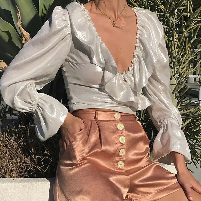 Новые брендовые Женские глянцевые атласные топы с v образным вырезом и оборками