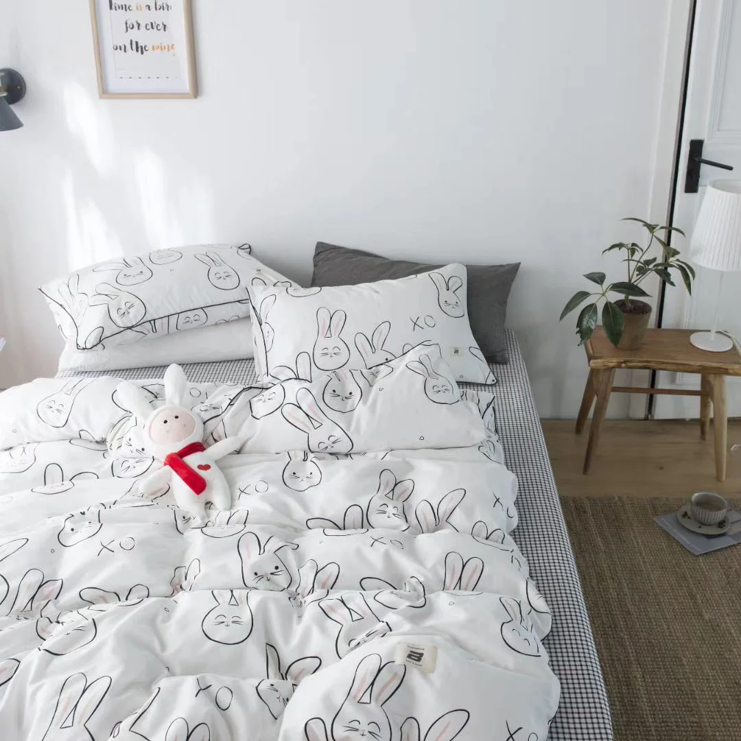

Small Fresh Lovely Rabbit Bedding Set Cartoon Pure 100%Cotton Duvet Cover Fitted Flat Bed Sheet Pillow Cases Girl Decor Bedroom