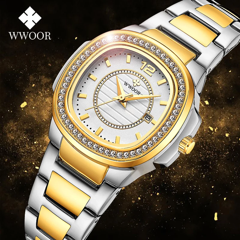 

WWOOR Original Design Watch Womens Fashion Square Gold Clock Top Brand Luxury Diamond Ladies Dress Wristwatches Relogio Feminino