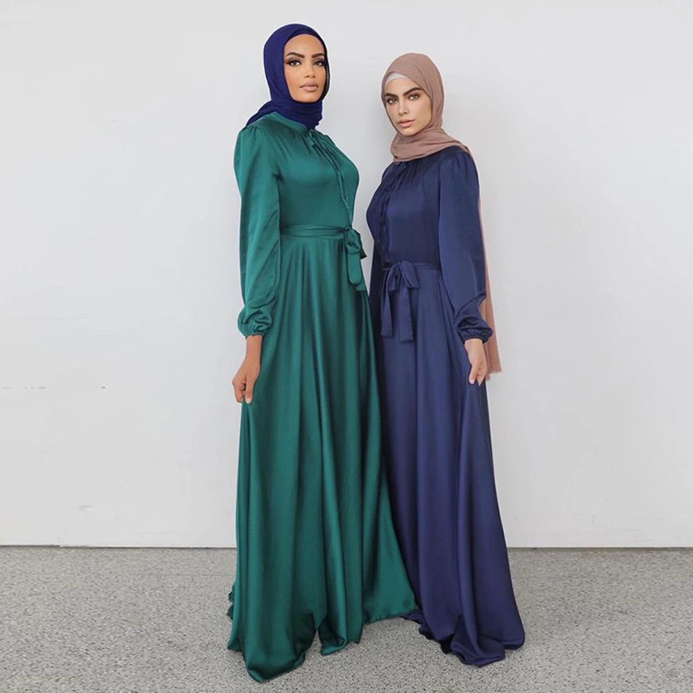 Elegant Abaya Dubai Turkey Arabic Muslim Satin Dress For Women Islam Caftan Marocain De Soiree Vestido Robe Longue Femme Kaftan