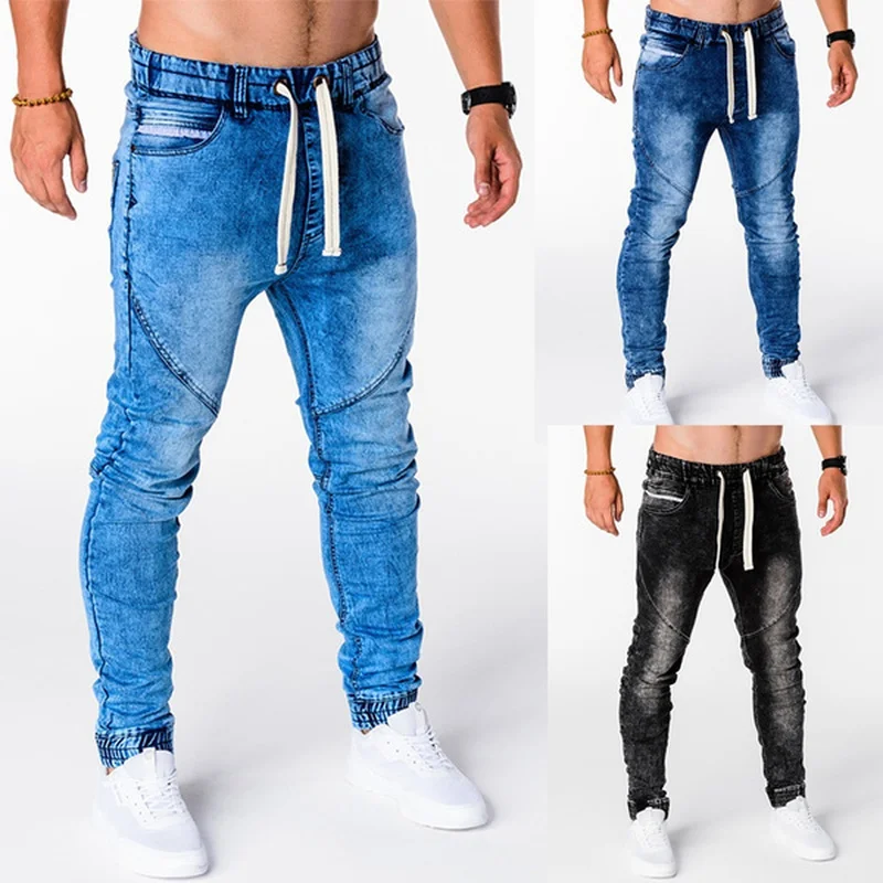 

Men's high waist jeans with shoelaces, straight jeans, black and blue, summer