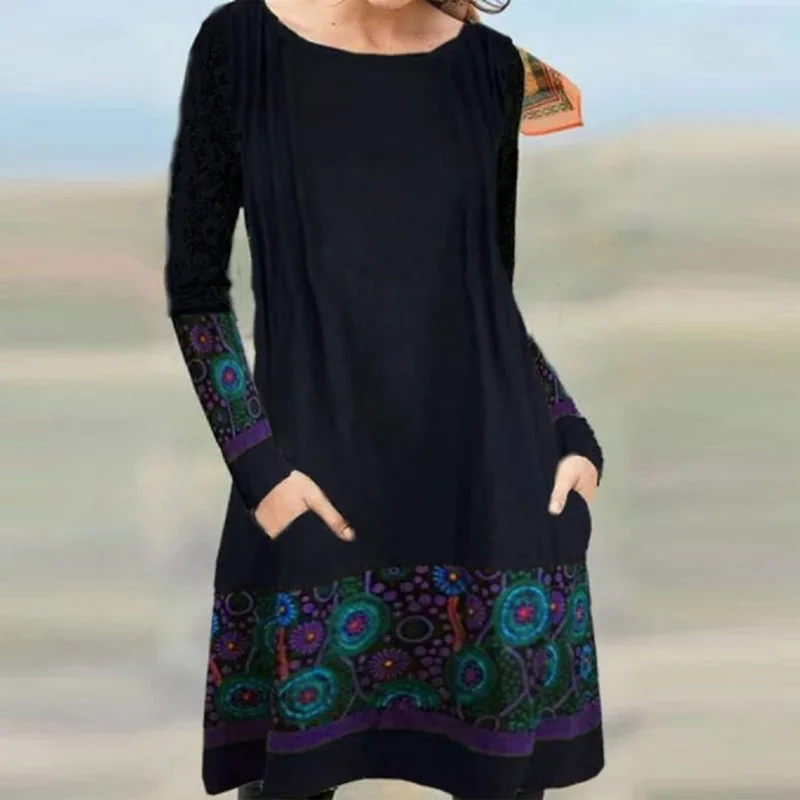 

Retro Floral Print O Neck Pocket Women Dress 2020 Autumn Winter Long Sleeve A-Line Party Dress Casual Loose Knee Dresses Vestido