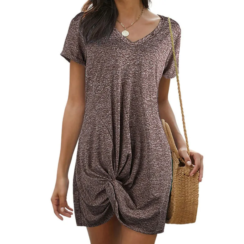 

Short Sleeve V Neck Dress Women Summer Solid Mini Loose Casual Robe Femme Tie Hem Vestidos Y2221A