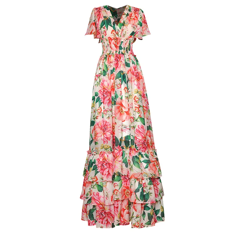

plus size fashion designer dress summer maxi dress flowers print v-neck short sleeved floor length elegant long party dress