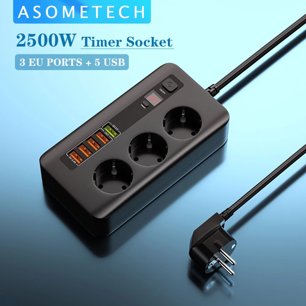  Умная розетка с таймером 2500 Вт, удлинитель электрической розетки с переключателем, домашняя Защита от перенапряжения, штепсельная вил…