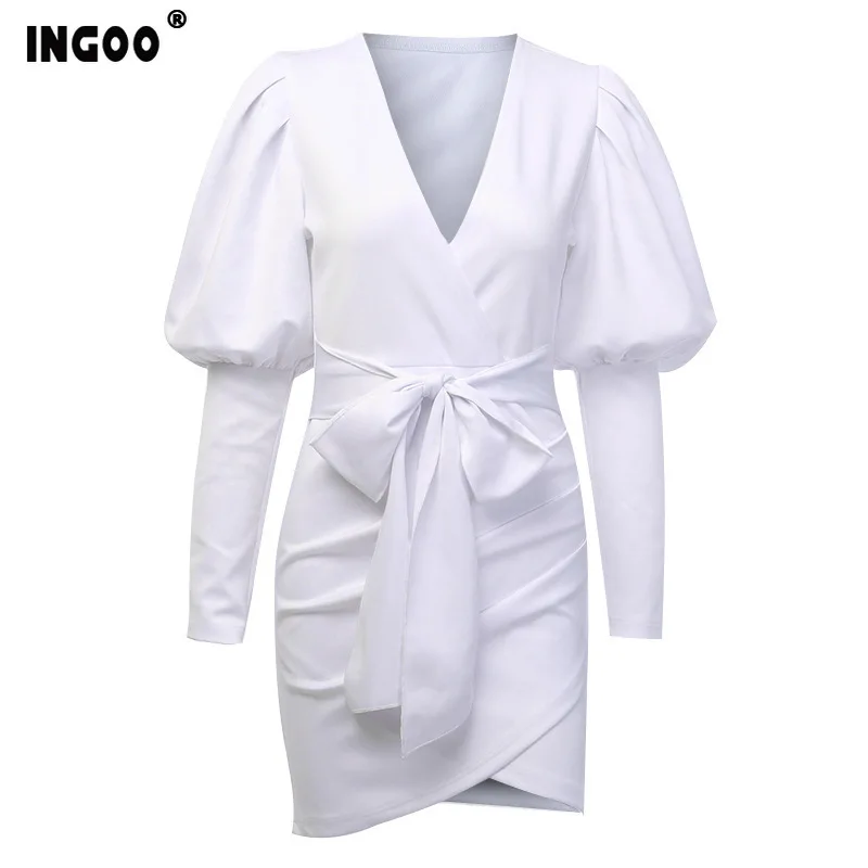 

INGOO Spring Puff Long Sleeve Bandage Women Dress Sexy V-Neck Black Ruched with Belt Slim Empire Party Night Club Short Dress