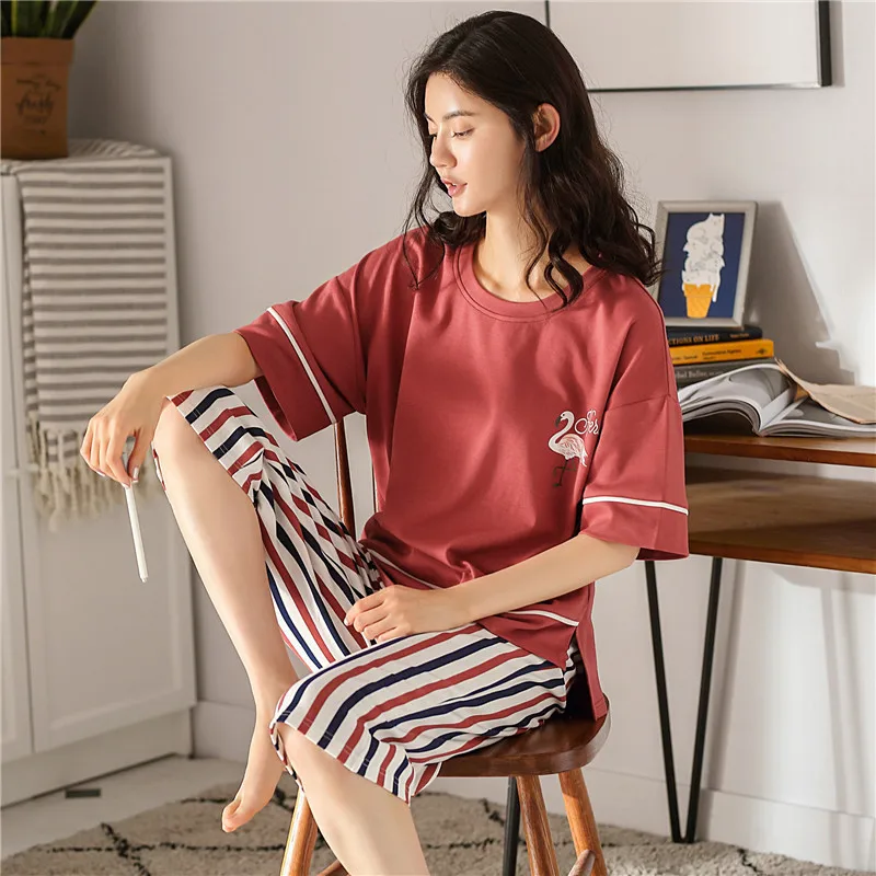 Pajamas Women's Spring Summer Cotton Short Sleeve Capris Fresh Sweet Home Clothes Lady Sleepwear Female Nightwear Lounge Sets