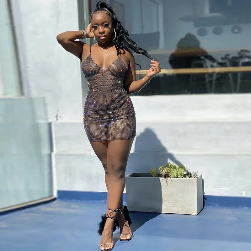 

SKMY 2022 Spring Women Clothing New Nightclub Fashion Low-Cut Spaghetti Strap Diamonds Sparkly Dress Mesh Sexy Bodycon Dress