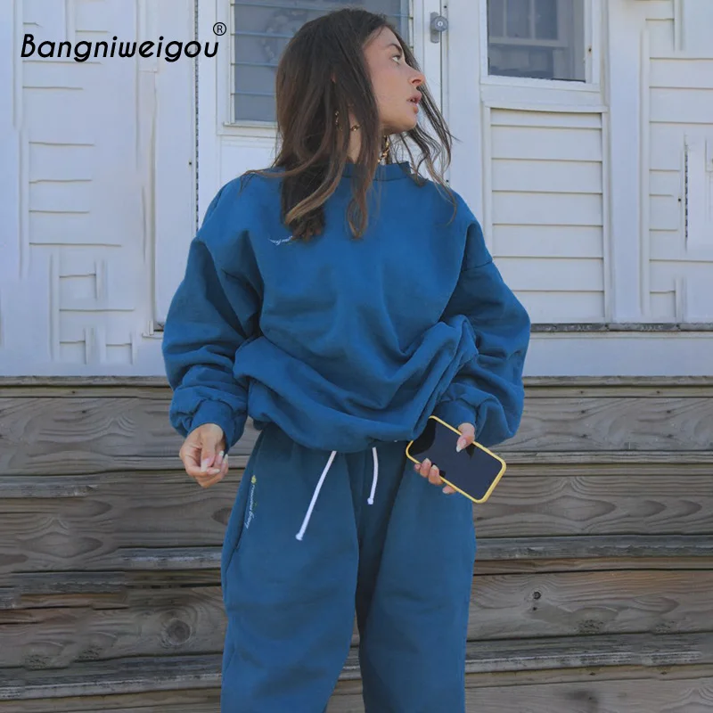 

Зимние спортивные костюмы Bangniweigou для женщин, свитшот + брюки, повседневная спортивная одежда, вышитые комплекты из двух предметов