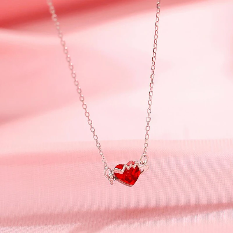 

KOFSAC Romantic Necklace Wedding Gift Fashion Crystal Red Love Heart Heartbeat Necklaces For Women 925 Sterling Silver Jewelry