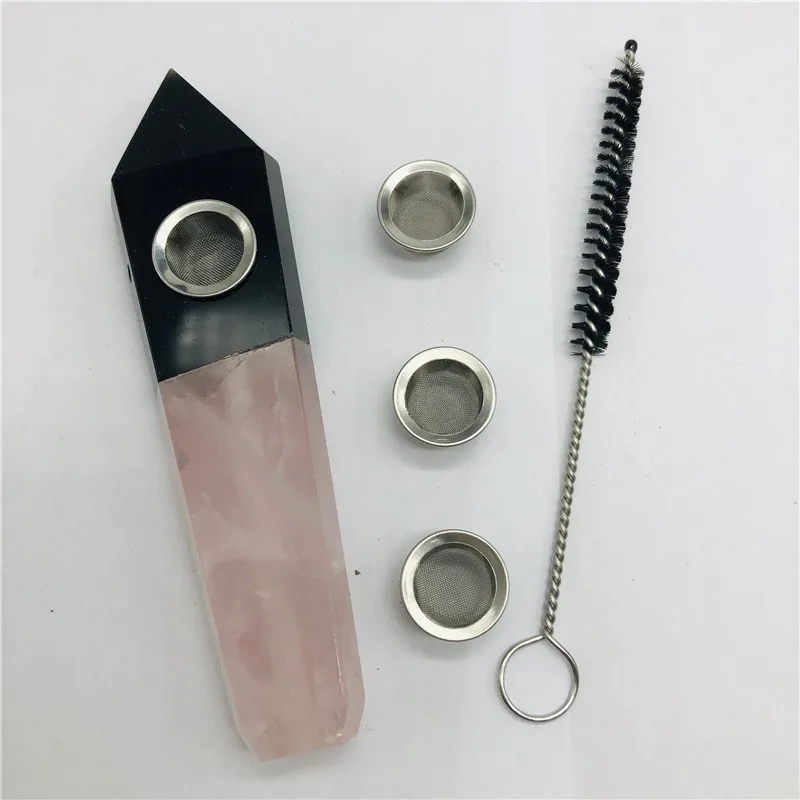 

Drop shipping Two kinds of natural stones Hand spliced together crystal wand pipe quartz point tube with golden mesh