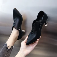 fashion two wear hollow deep mouth high heel pointed pumps womens autumn new rhinestone stiletto side zipper leather shoes