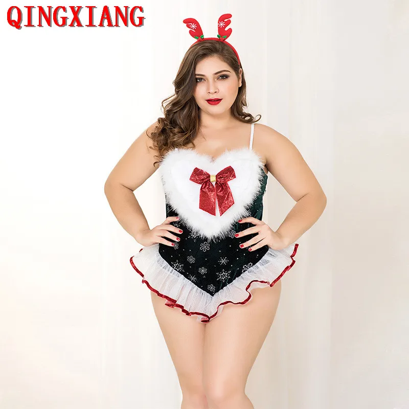 

2020 Plus Size Sexy Christmas Costume Red Bow Wetlook White Fur Exotic Role Cosplay Halloween Uniform Bodysuit With Antler Set